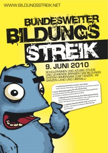 Plakat zum Bildungsstreik 2010 mit dem Bildungsmonster BiMo